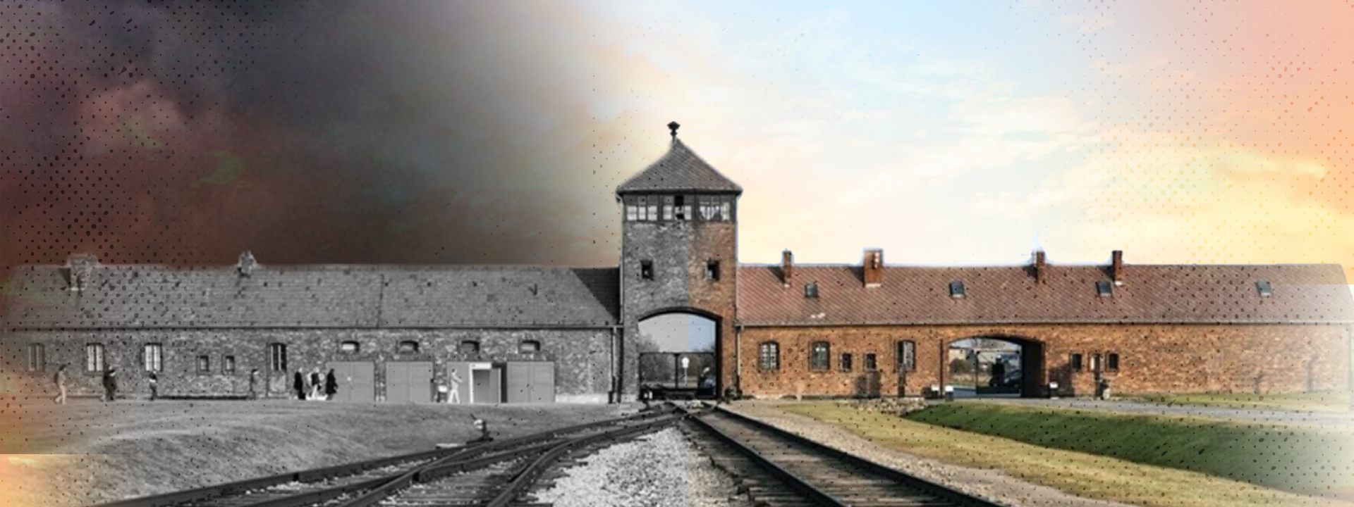 A half black-and-white, half color image of a railway entrance building with a central tower, contrasting past and present.