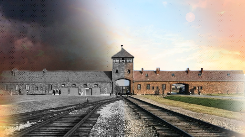 A half black-and-white, half color image of a railway entrance building with a central tower, contrasting past and present.