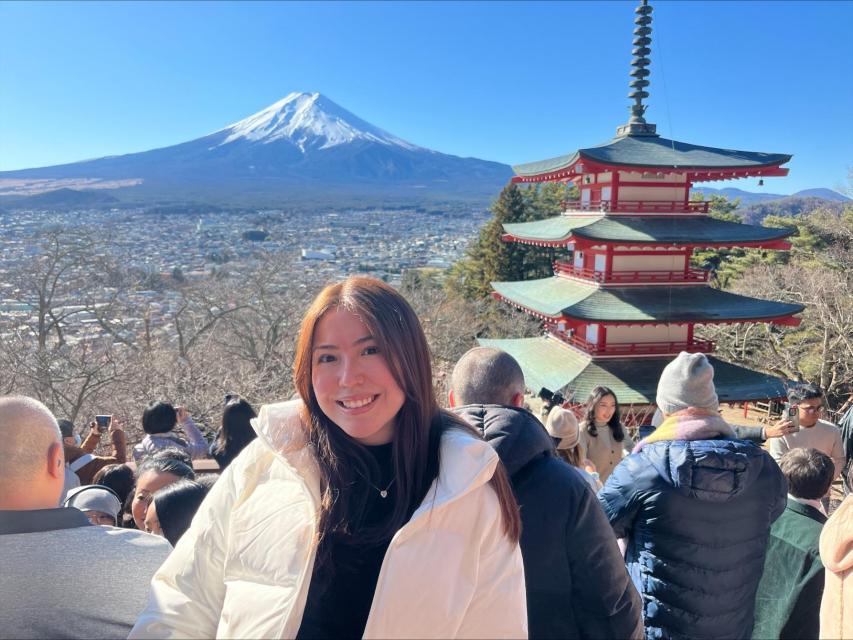 View of Mount Fuji with a Japanese pagoda and people in the foreground.